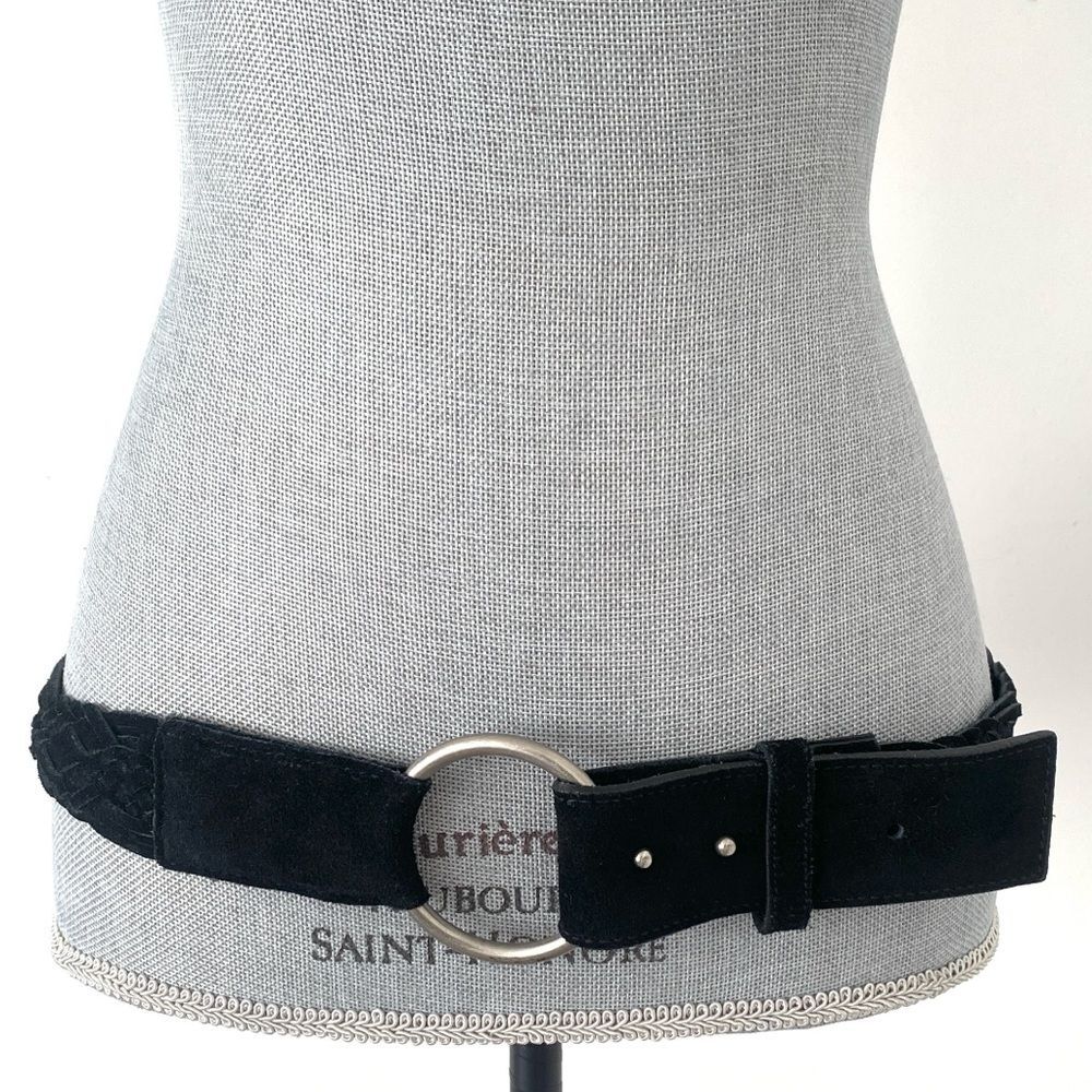 Elegant Black Suede Leather Woven Belt with Silver Buckle Sz L 40” W Boho Chic